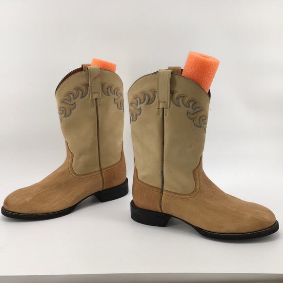 Ariat Mens 10.5 Beige Tan Leather Western Boots Blue Embroidered Round Toe 35421 main image 7